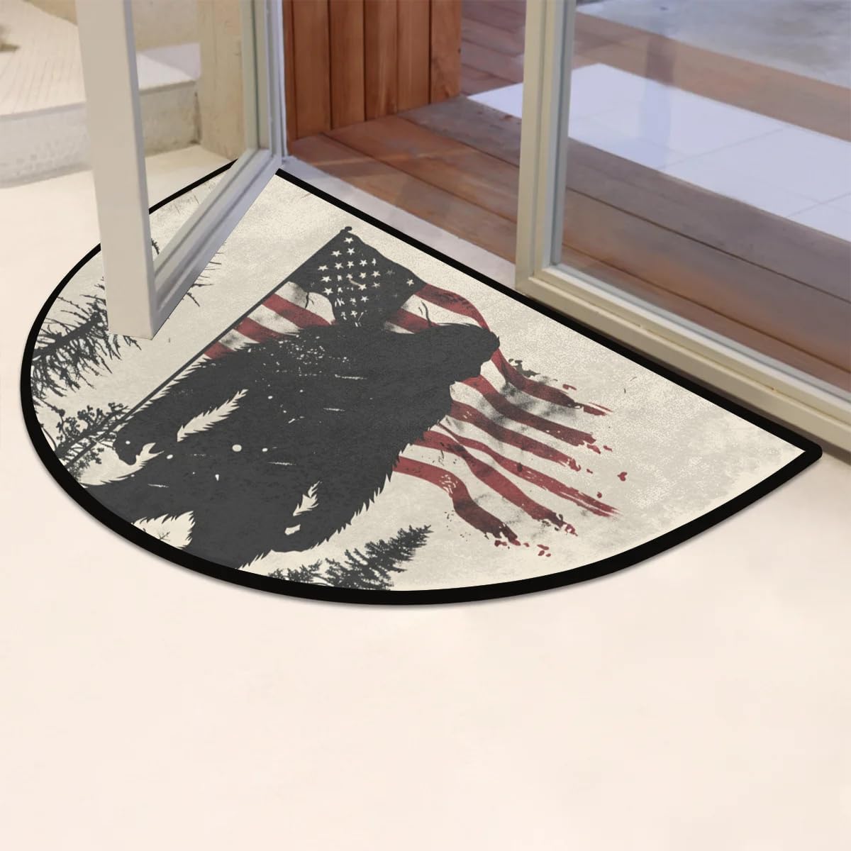 cfpolar Half Round Door Mat Bigfoot USA Flag Vintage Non-Slip Semi Circle Area Rug Washable Half Moon Hearth Rugs for Indoor Outdoor Bathroom Kitchen Patio Runner Mat Laundry Room Home Decoration