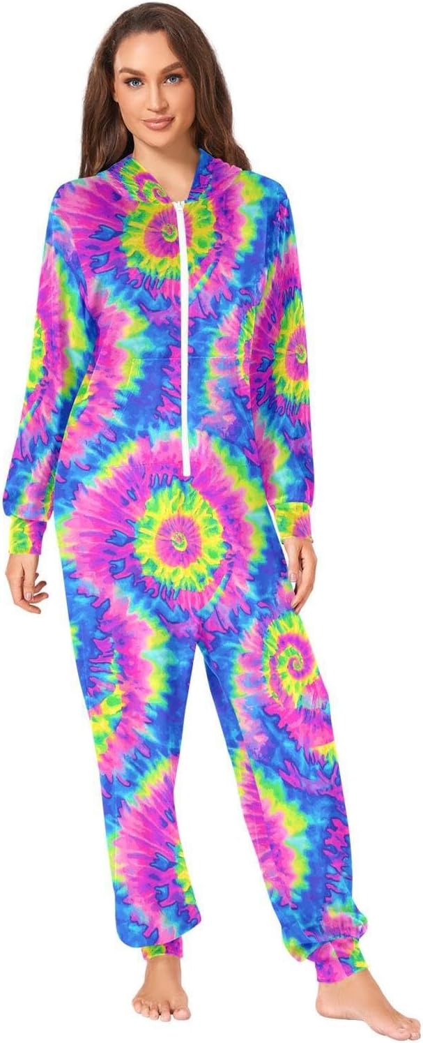 ZZKKO Abstract Colorful Art Adult Onesie Pajamas for Women Men Cozy One Piece Pajamas Costume Zip-Up Hooded S-XL