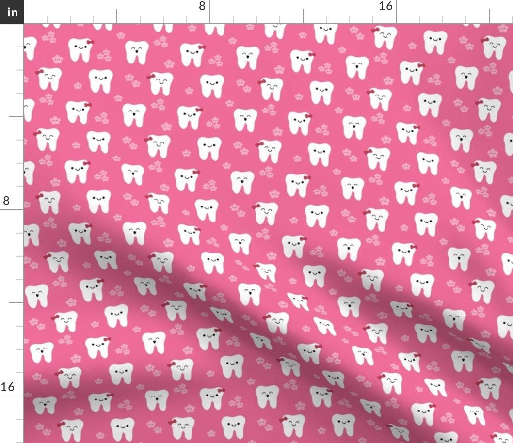 Spoonflower Fabric - Happy Teeth Flowers Tooth Dental Dentist Cute Kawaii Printed on Petal Signature Cotton Fabric by The Yard - Sewing Quilting Apparel Crafts Decor