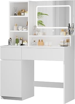 Devoko Dressing Table with LED Light,Vanity Table with Mirror,Adjustable Brightness,Makeup Desk with 2 Drawers,Open Shelves and Storage Cabinet,Modern White [Energy Class D]