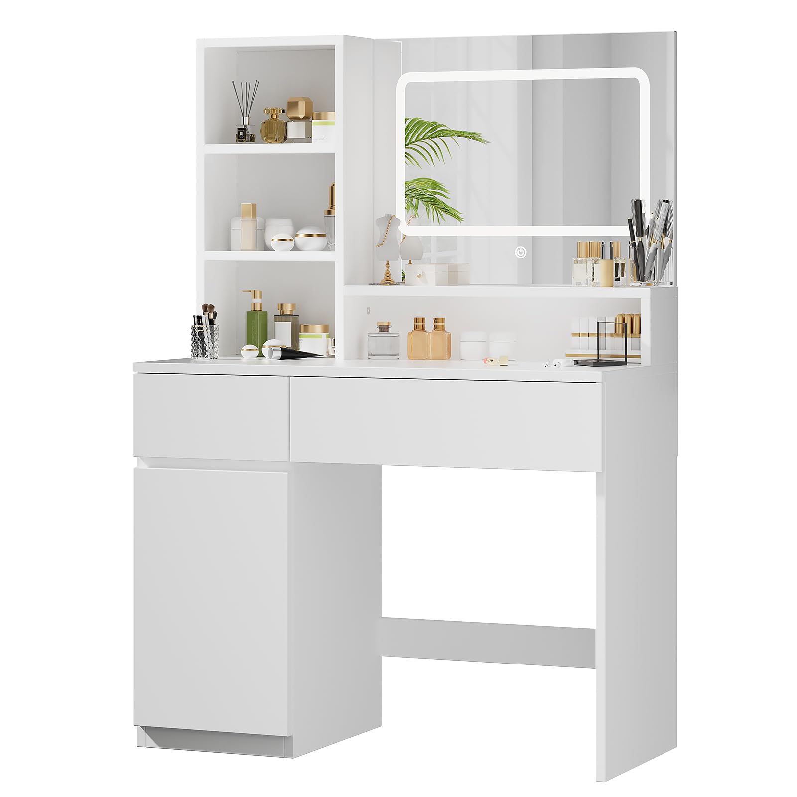 Devoko Toeletta Trucco con Specchio, Luci LED Regolabili, Ripiani Regolabili con 2 Cassetti，Postazione Trucco,Tavolo da Toilette Moderno in Legno Bianco