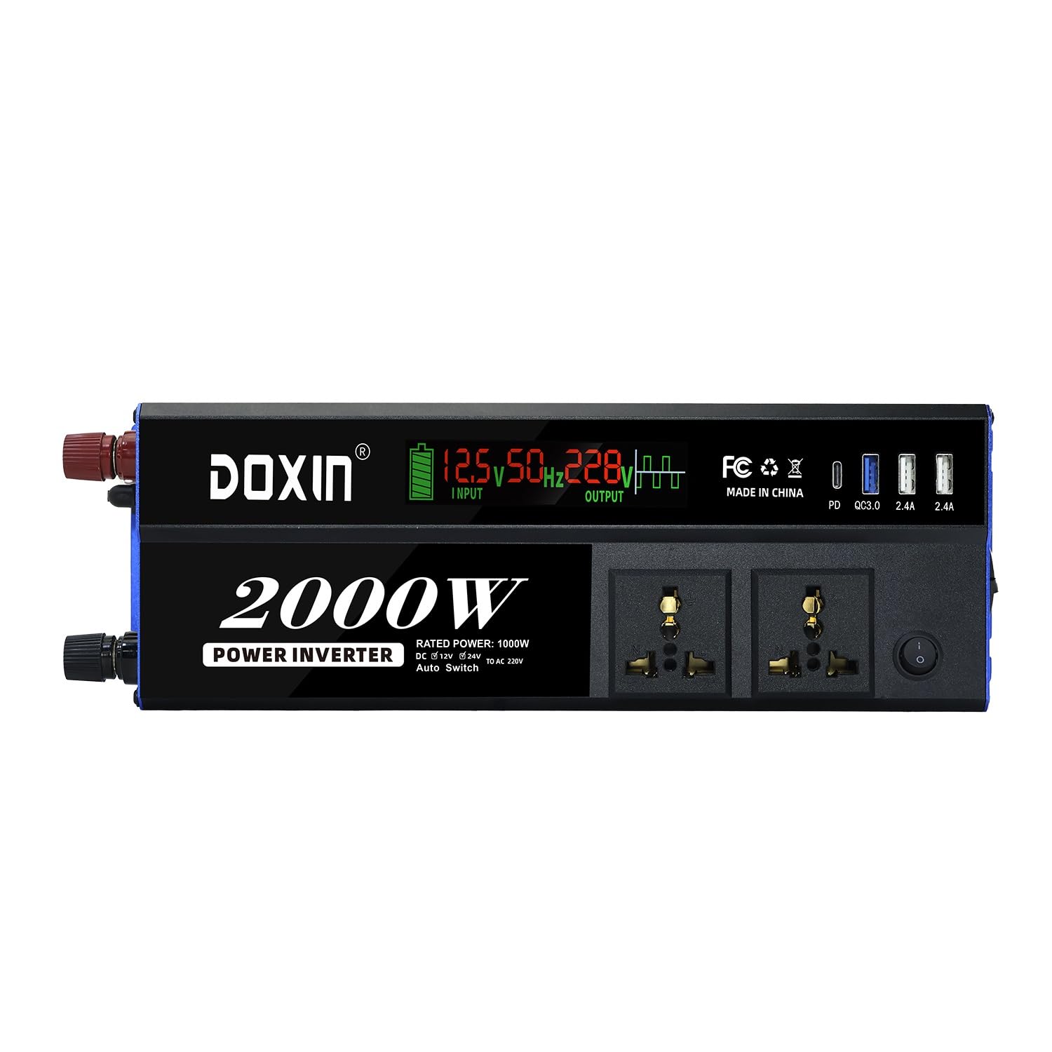 Inversor modificado de 500 W, 1000 W, 12 V CC/24 V CC a 220 V CA con 2 puertos USB, PD 22 W QC 18 W carga rápida (1000 W)