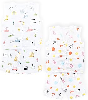 YUV 100% Cotton Organic Muslin Unisex Infant Baby Boys &amp; Girls Clothing Set (Jabla Tshirt + Shorts), 0-12 Months, Pack of 2