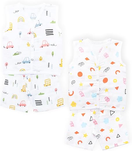 YUV 100% Cotton Organic Muslin Unisex Infant Baby Boys &amp; Girls Clothing Set (Jabla Tshirt + Shorts), 0-12 Months, Pack of 2