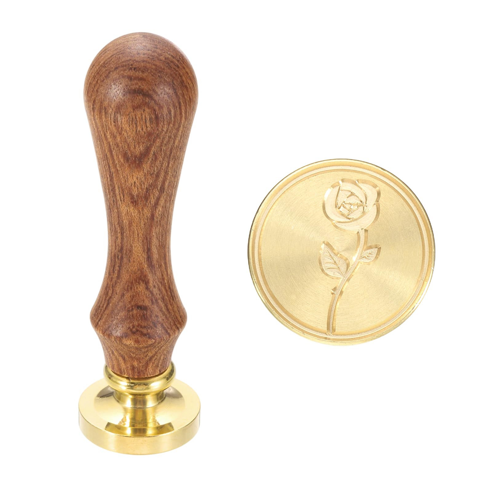 sourcing map Vintage Wax Seal Stamp, 25mm Flower Brass Head and Wooden Handle Stamps for Personalized Halloween Christmas Wedding Cards Gift Envelopes Invitation Sealing, Rose38