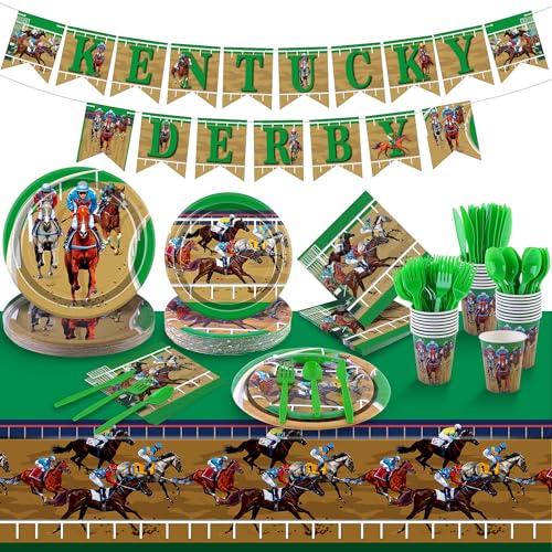 Kochorie 196 Pieces Horse Racing Tableware Set Include Disposable Plates Cups Napkins Banner Plastic Tablecloth Cutlery for Horse Racing Party Supplies Serve 24 Guests