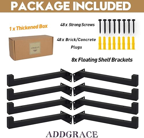 Miniatura 3 de AddGrace Paquete de 8 soportes de estante flotantes resistentes para estantes industriales rústicos con borde (negro) de 12 pulgadas
