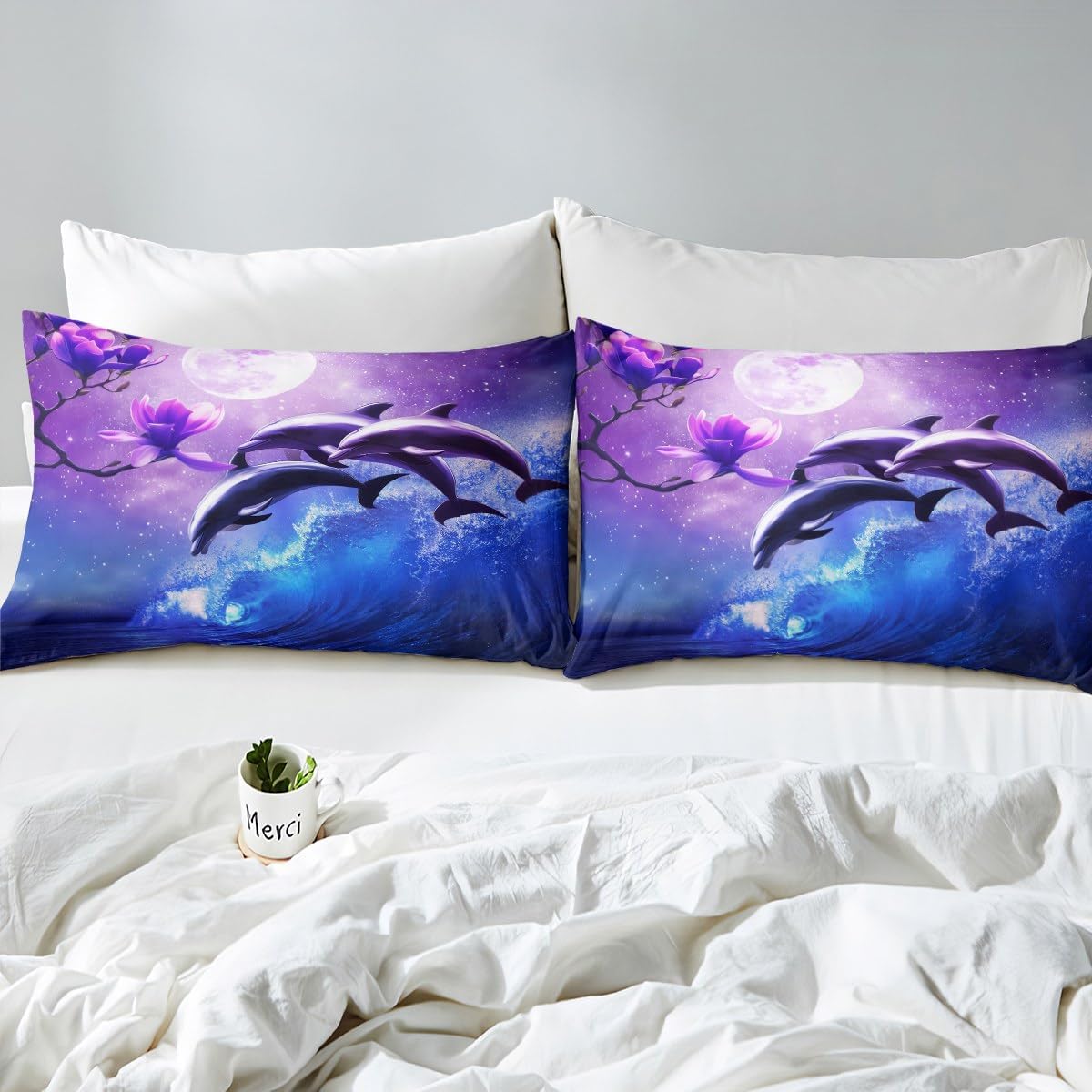 Galaxy Dolphin Sheet Set Queen Size Coastal Ocean Waves Bedding Purple Cherry Blossoms Sea Animal Bed Sheets For Kids Boys Girls Teens Moon Sky Starry Fitted Sheet + Flat Sheet + 2 Pillow Cases Blue