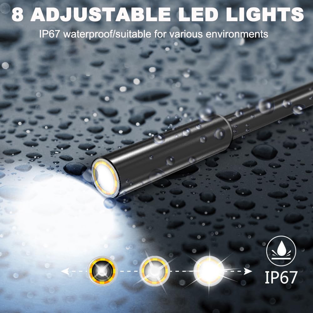 Telecamera per Endoscopio Illuminata da 2,4 Pollici con Telecamera IP67 da 8 Mm, 8 Luci LED Regolabili, Telecamera di Ispezione Portatile con Batteria da 800 mAh