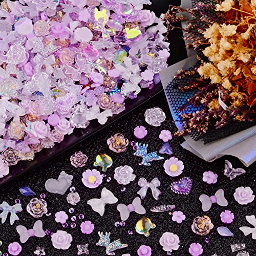 Umillars 3D Purple Nail Art Charms Rhinestones Kit,Acrylic Camellia Rose Flower Butterfly Bowknot Crown Heart Charms With Micro Glass Sand Rhinestones Beads For Nail Art Designs Diy Accessories Craft #TOP1