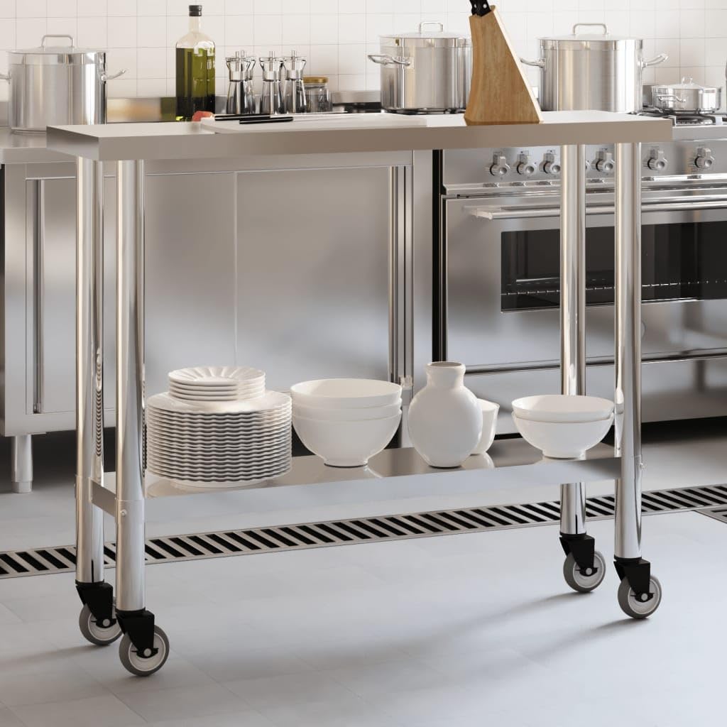 Mangloder Mesa de trabajo de acero inoxidable con ruedas 110 x 30 x 85 cm para gastronomía, restaurante, cocina, catering, aperitivo, bar, con estante estable, 2 ruedas bloqueables, duradera
