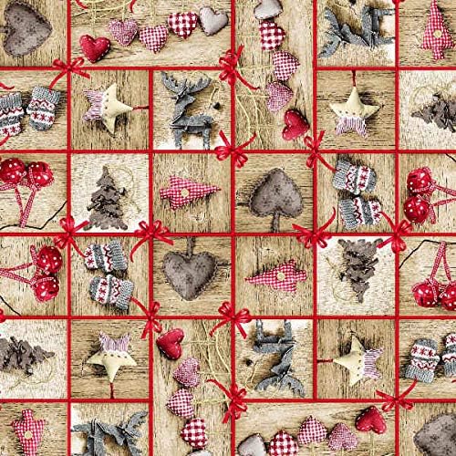Kt KILOtela - Christmas Printed Canvas Fabric - Cotton & Polyester - 280 cm Wide - by Half metre | Stars and Hearts. Brown