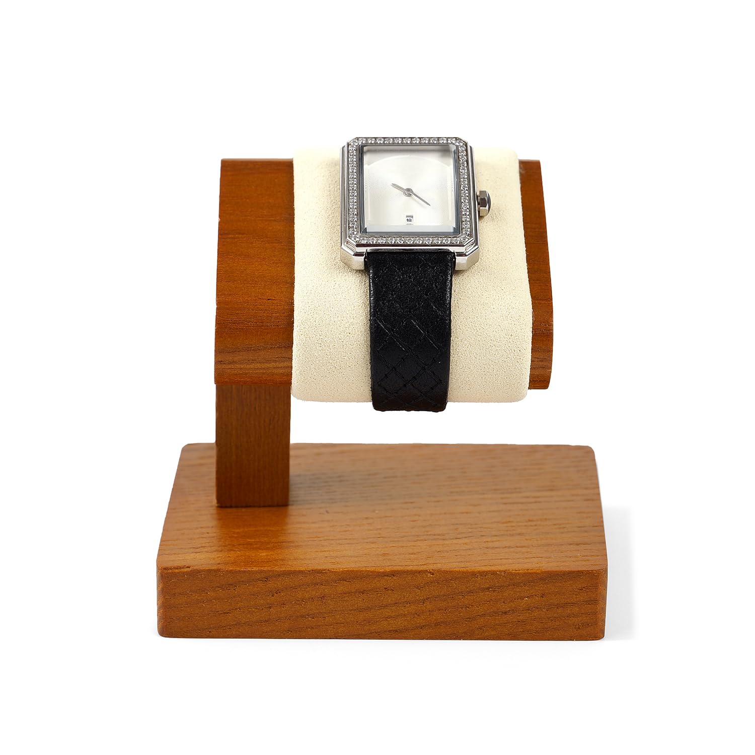 HVMBEUGOS Elegant Beige Watch Stand with Wooden Base Premium Watch Holder & Display Stand for Jewellery Storage, Soft Resistant Microfibre Surface