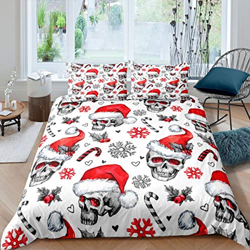 Skull Pattern Duvet Cover Gray Skull With Christmas Hat Bedding Set Red White Xmas Skeleton Comforter Cover for Boys Girls Kids Room Decor Winter Snowflake Heart Bedspread Cover Single Size