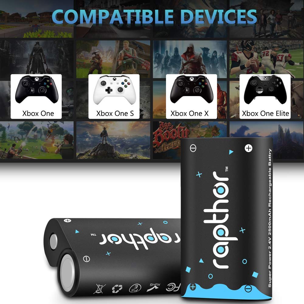 rapthor Batterie per Controller Xbox One/Xbox Series X/Xbox One S/Xbox One X/Xbox One Elite, 2 batterie Ricaricabili da 2500 mAh
