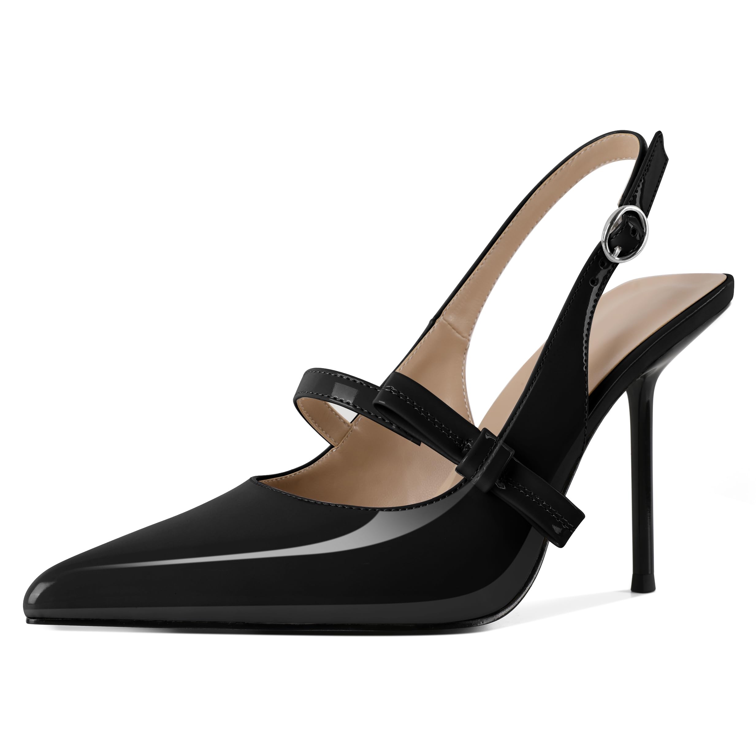 SAMMITOP Women's Pointed Toe High Stiletto Heels Slingback Bow Strappy Pumps Backless Patent Leather Sexy Dress Shoes for Women 4 Inch