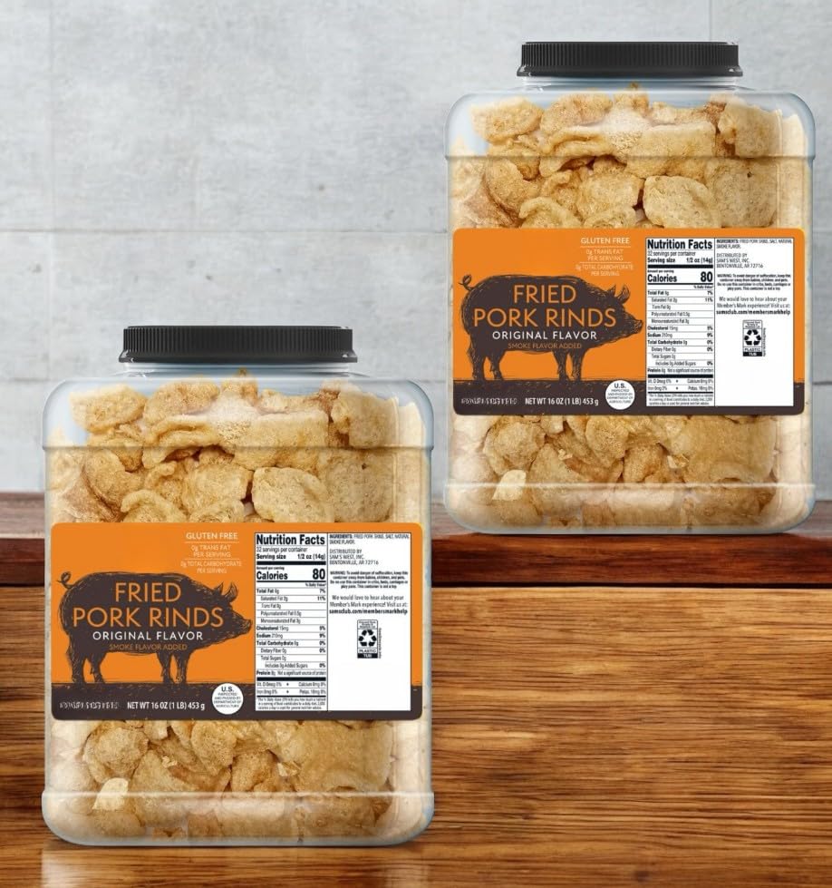 Member Mark Original Fried Pork Rinds, 2 Pack (16 oz Each) – Crunchy Chicharrones, Keto Friendly, High Protein Snack