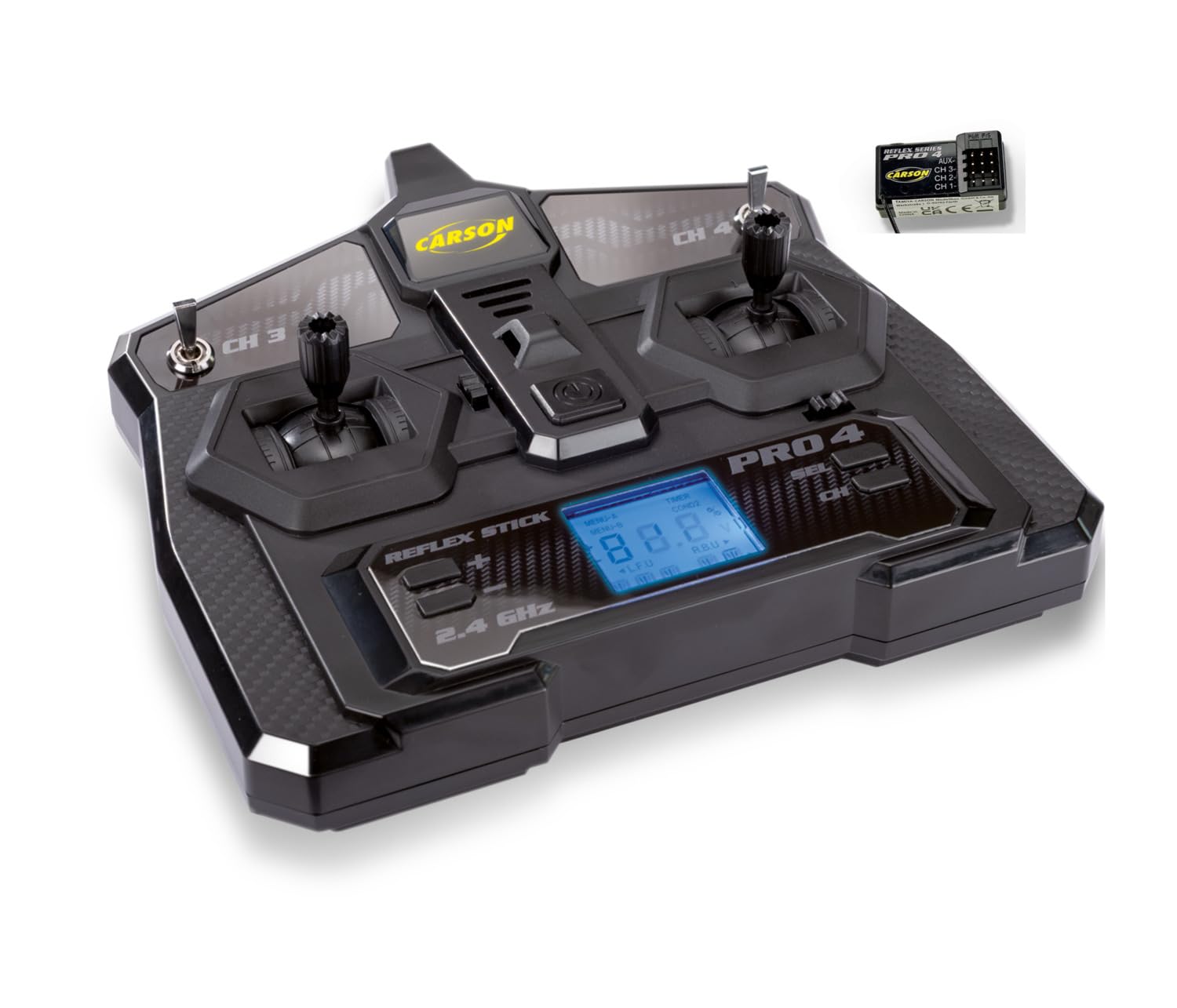 Carson FS 4K Reflex Stick Pro 4 LCD – zdalne sterowanie RC, 4-kanałowy system 2,4 GHz, wyświetlacz LCD, pamięć modelu, Dual Rate, Failsafe, czarny