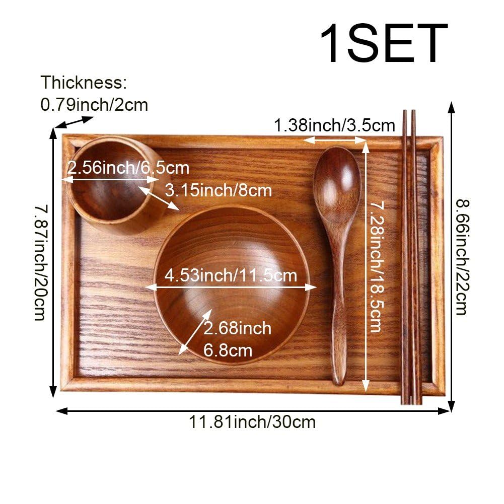 Ensemble De 1 Plateau en Bois Japonais avec Bols, Baguettes, Cuillères, Tasses Couverts Coréens Rectangulaires pour Cuisine.