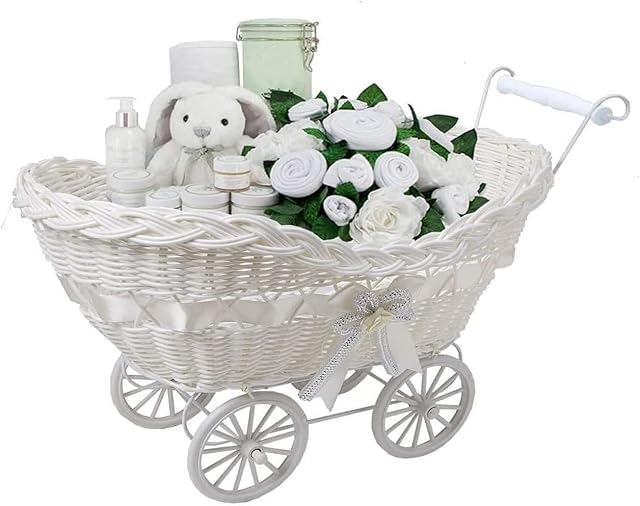 SAFRI Baby Pram Basket Wicker Gifts Stoarge Hamper White Natural New Born Baby Showers Christmas Xmas Gift for boys & Girls