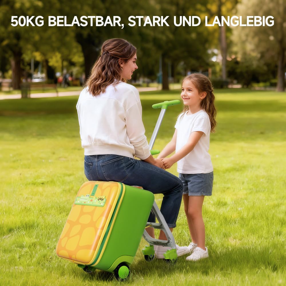 Jovikids Walizka dziecięca 3 w 1, 32 l, z kółkami, składana i zdejmowana, z drążkiem teleskopowym, wieloma przegródkami, na podróż, urlop i na co dzień, zielony, Zabytkowe
