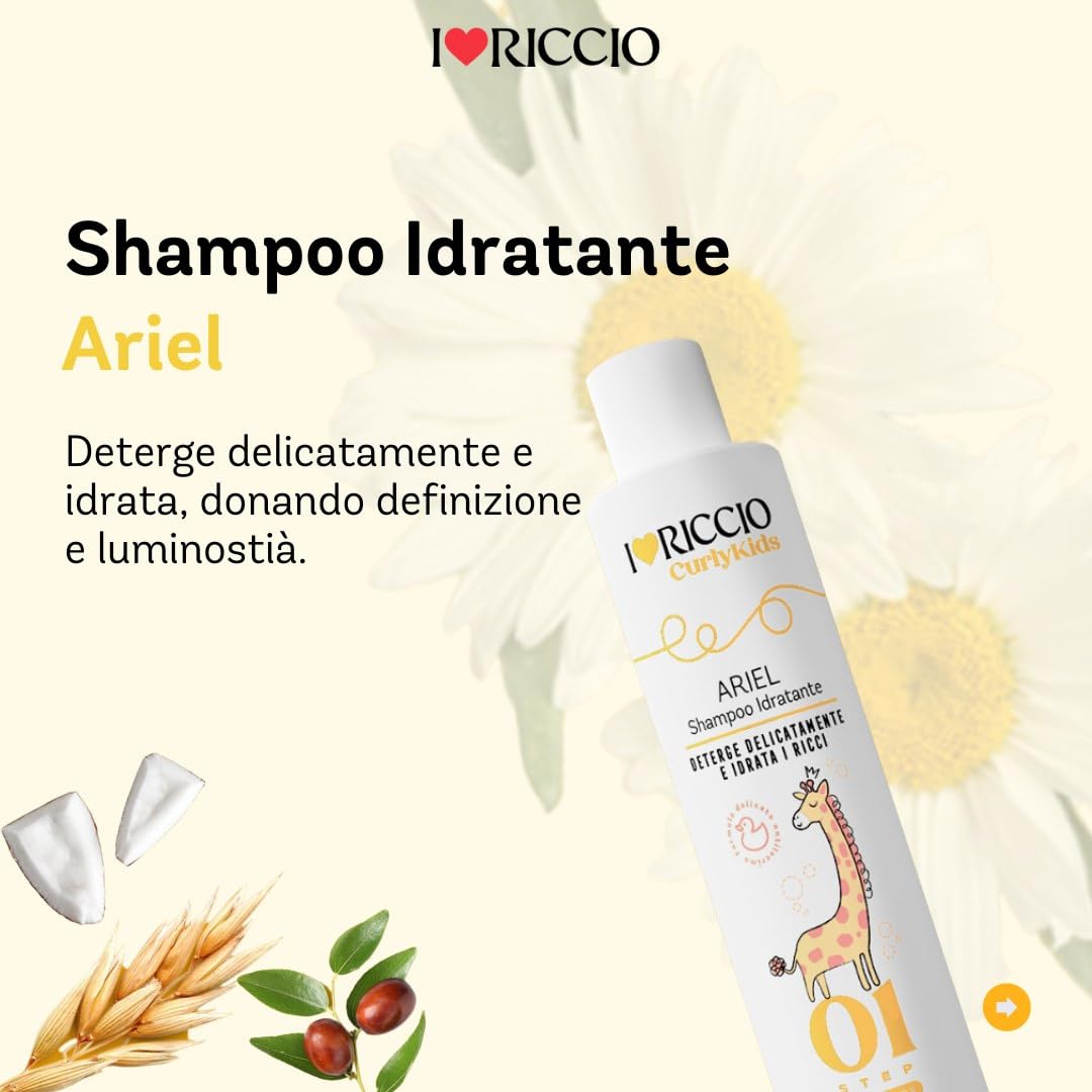 I Love Riccio Kit Curly Kids Per Capelli Ricci Bambini con Shampoo Idratante 250 ml, Maschera Nutriente 250 ml e Crema Modellante 250 ml, Formula Delicata Antilacrime, con Matite Colorate e Cartoncino