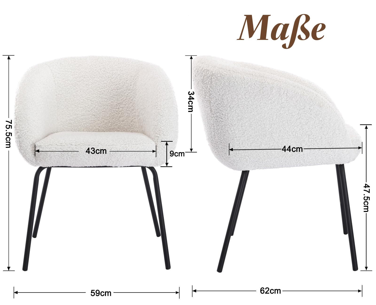 chairus Schminktisch Stuhl aus Kunstfell Loungesessel Schlafzimmer, Moderne Cocktailsessel mit Metallbeine Polsterstuhl für Wohnzimmer, Weiß