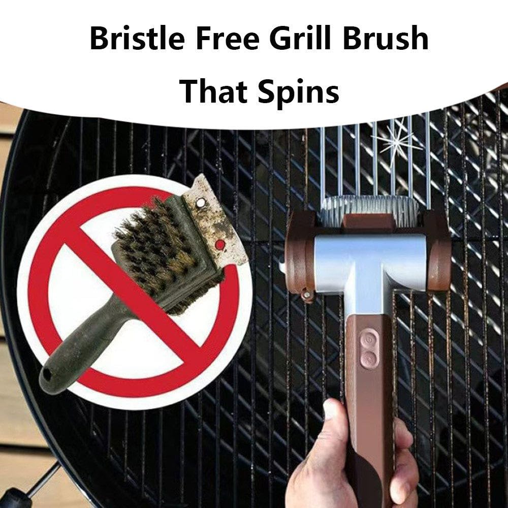 Spazzola Elettrica Senza Fili per Griglie, Pulitore Ricaricabile per Barbecue con Rullo Rimovibile in Acciaio Inox E Luce LED, 350 RPM, Adatta per Griglie da Interno Ed Esterno Brown