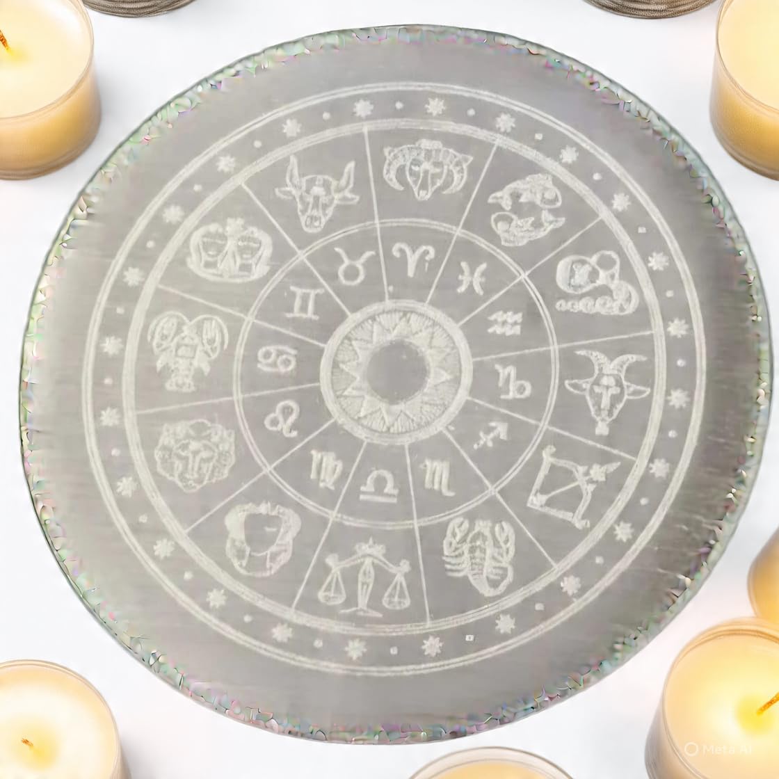 DT DECTONE Selenite Crystal Charging Plate, Zodiac Design, White, 3 Inch Round, for Crystal Cleansing, Purification, Energy Enhancement, Spiritual Work 2