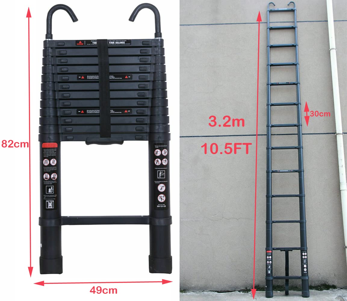 Faltbare Aluminium-Teleskopleiterverlängerung mit abnehmbarem Dachhaken EN131-Zertifikat Max. Belastung 150 kg/330 lb mit abnehmbarem Dachhaken 3,2 m/10,5 FT, Schwarz
