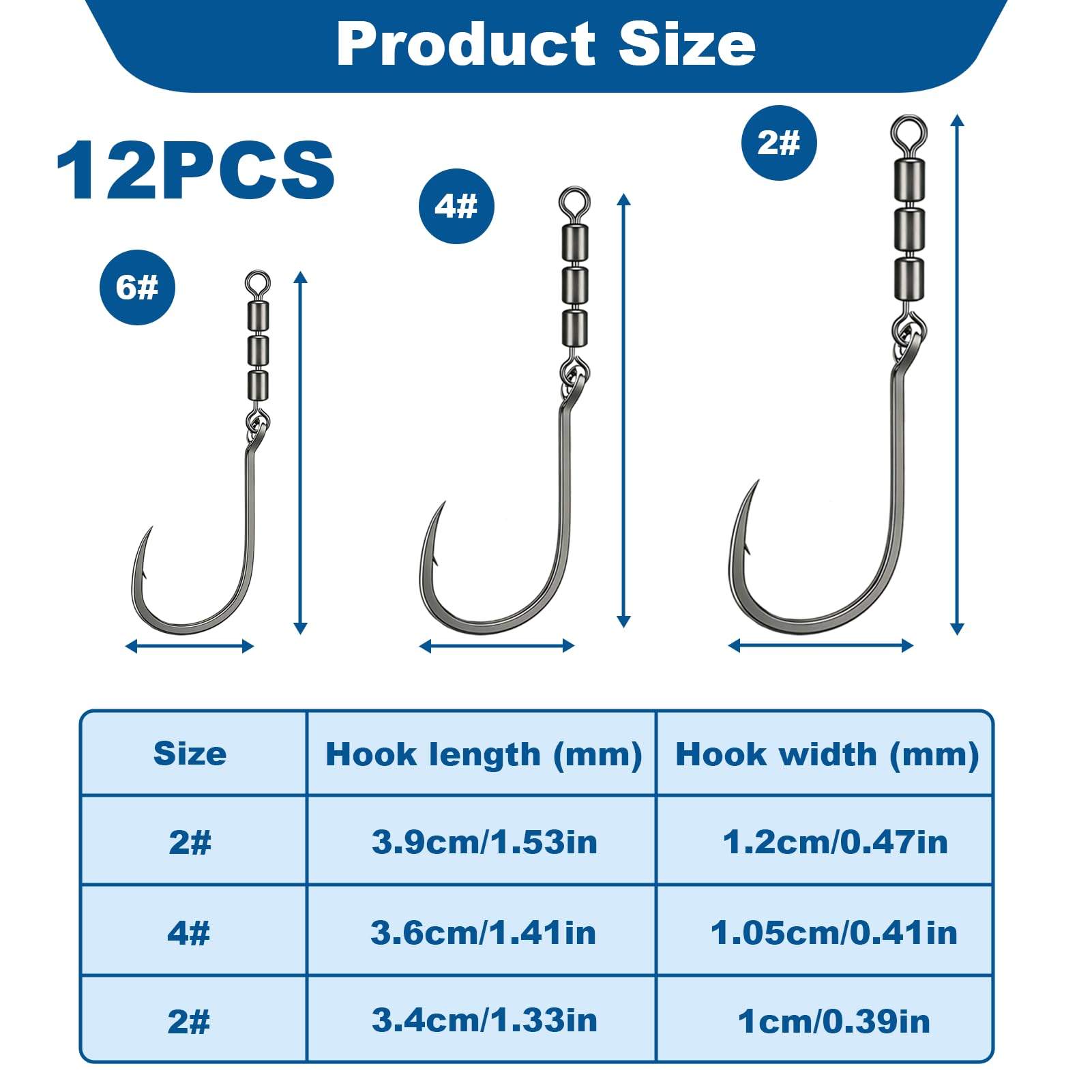 Anzuelos de Pesca Giratorios 12 Piezas 2# 4# 6# Acero Alto Carbono 360° para Trucha