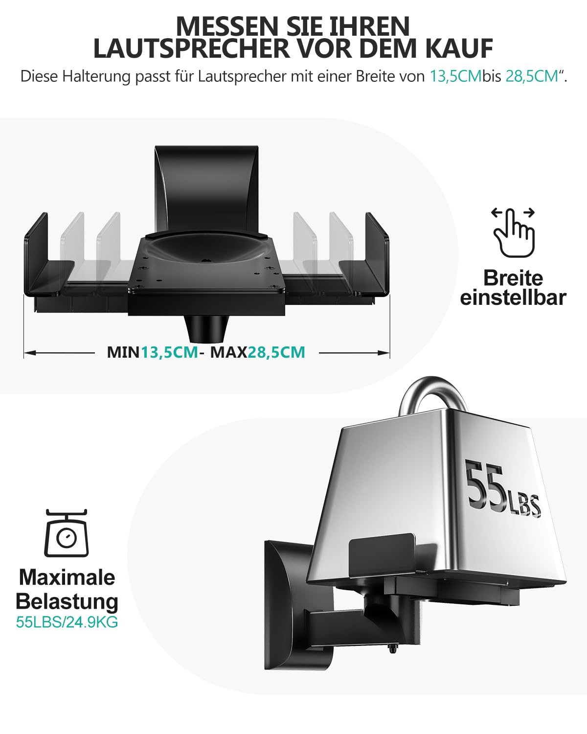 WALI Lautsprecher-Wandhalterungen, Zweifache Halterung für Große Surround-Sound-Lautsprecher, je bis zu 25 kg Tragfähig (SWM201), Schwarz