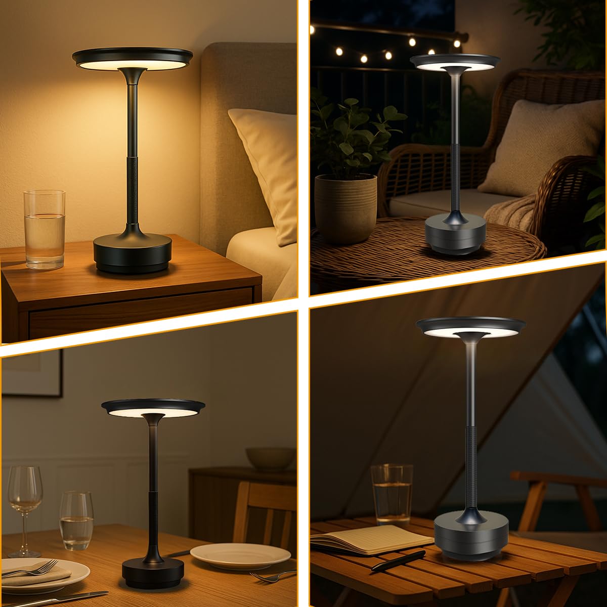 Ecolume Kabellose Tischlampe, LED, tragbar, batteriebetrieben, dimmbar, stufenlos, 3-farbige LED mit Memory-Funktion, tragbar für Heimbüro/Abendessen/Restaurant/Wohnzimmer (Schwarz & 2er-Pack)
