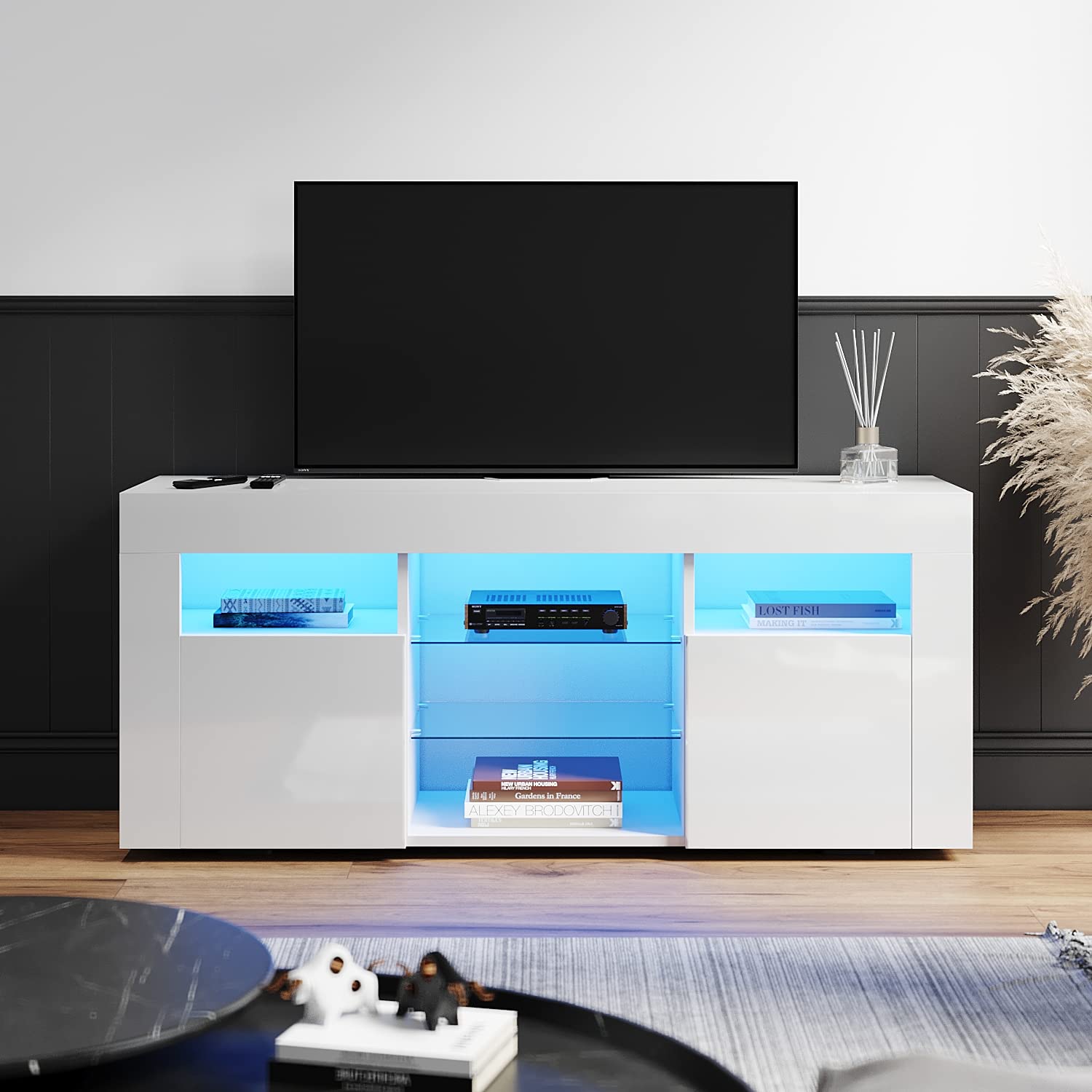 Buy ELEGANT TV Stand White Gloss 120cm, TV Unit with LED Lights