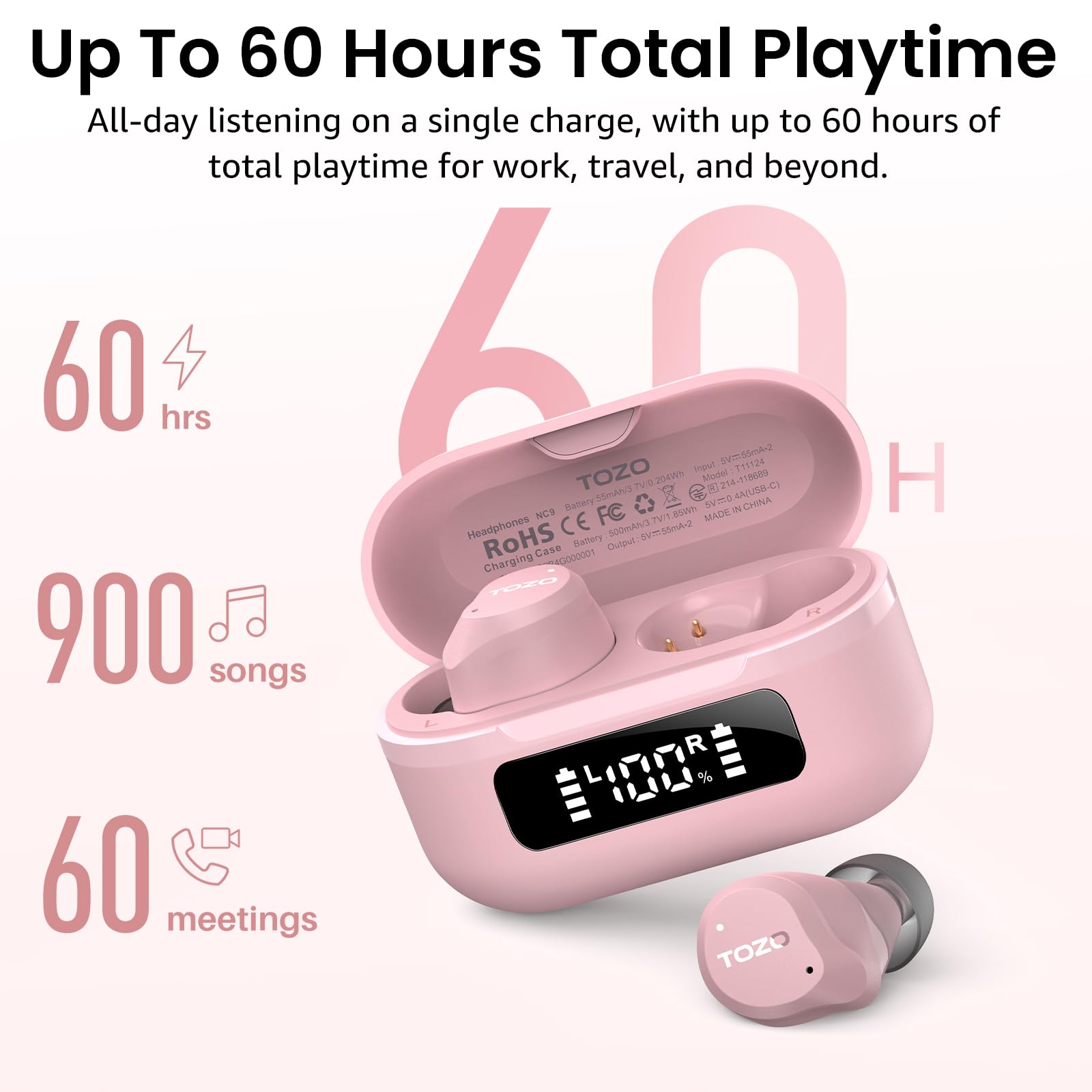TOZO NC9 Hybrid Active Noise Cancelling Wireless Earbuds, 60H, LED Display view 4