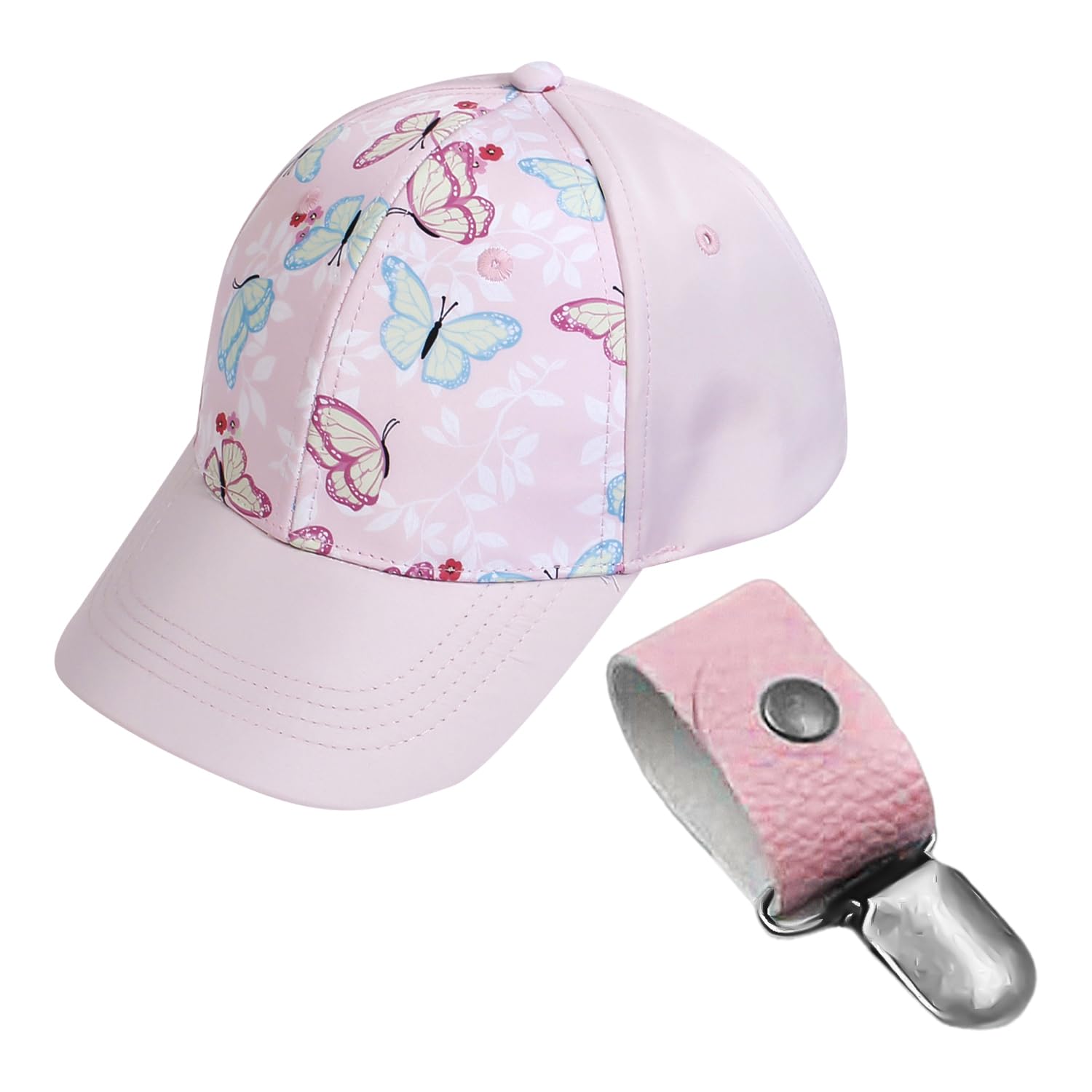 1 Gorra De Béisbol para Niños, 1 Clip para Sombrero, Sombrero De Cola De Caballo para Niñas, Sombrero para El Sol De ala Ancha, Sombrero con Visera con Estampado De Mariposas