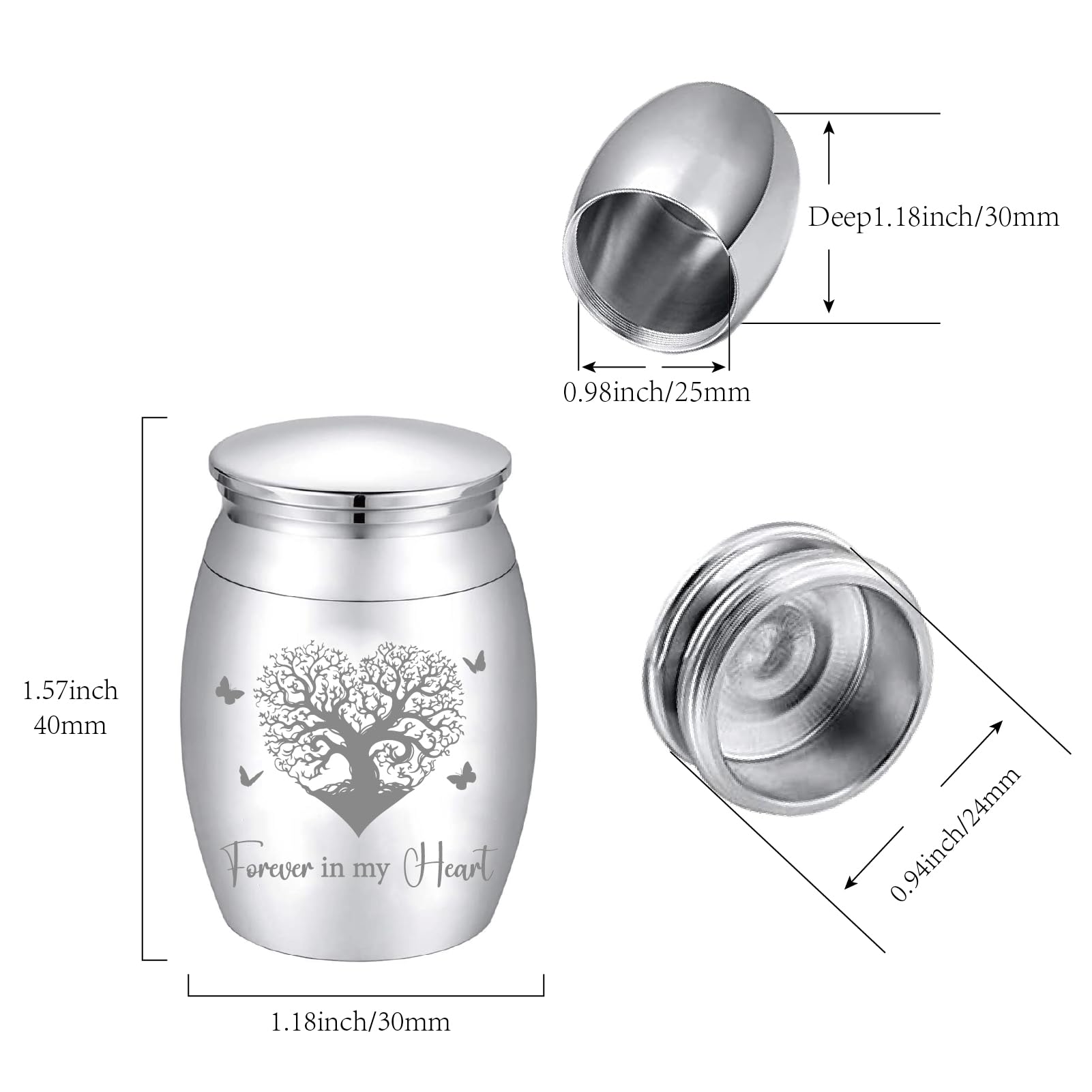 CREATCABIN Small Tree of Life Urn Forever in My Heart Urn Silver Metal Alloy Human Pet Memorial Butterfly Cremation Ashes Keepsake Holder Container with Bag Spoon Cloth for Funeral Burial 1.6" x 1.2" - Image 2