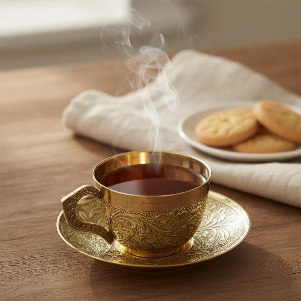 Premium Brass Cup & Saucer Set with Handle – Elegant Engraved Tea & Coffee Cup, Traditional Gold Finish Serveware for Home Décor, Festive Gifting, Wedding & Special Occasions