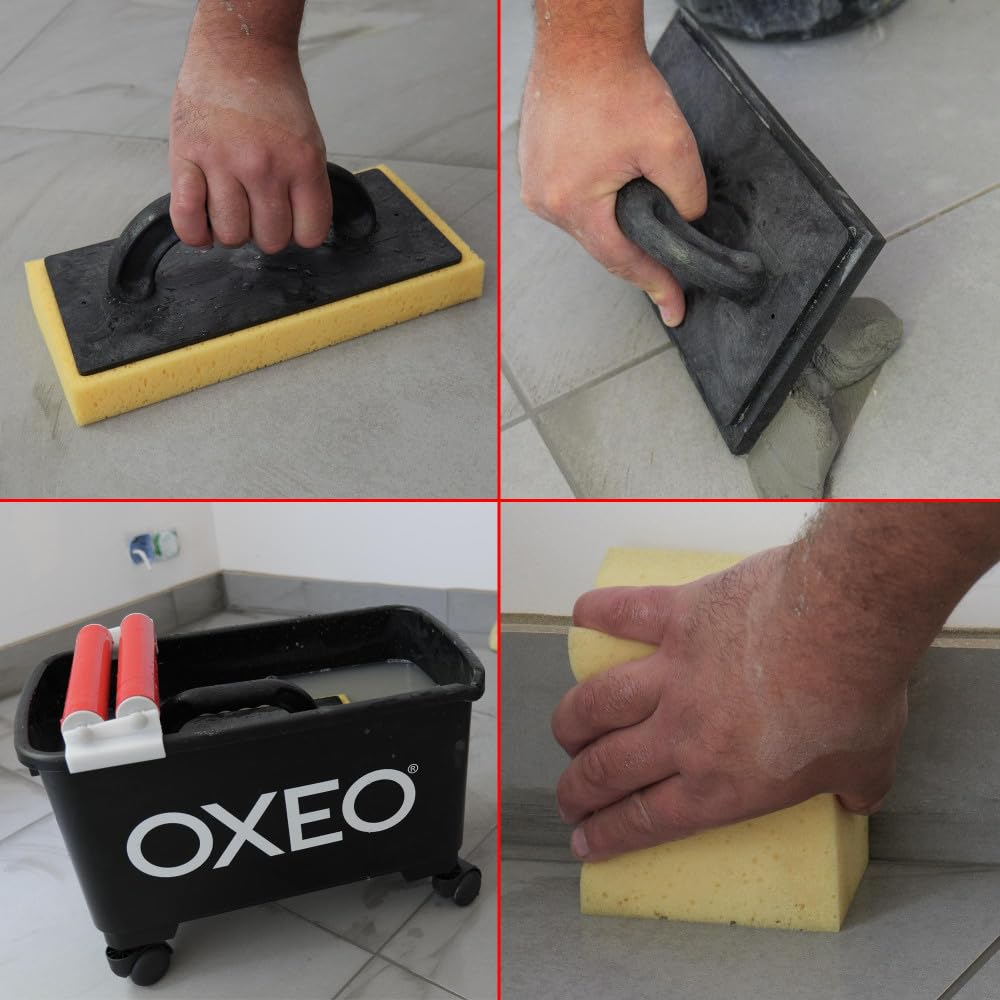 Kit de lavage spécial joints de carrelage pour carreleur - Bac 24L sur roulettes - Taloche éponge - Platoir à jointer - Éponge