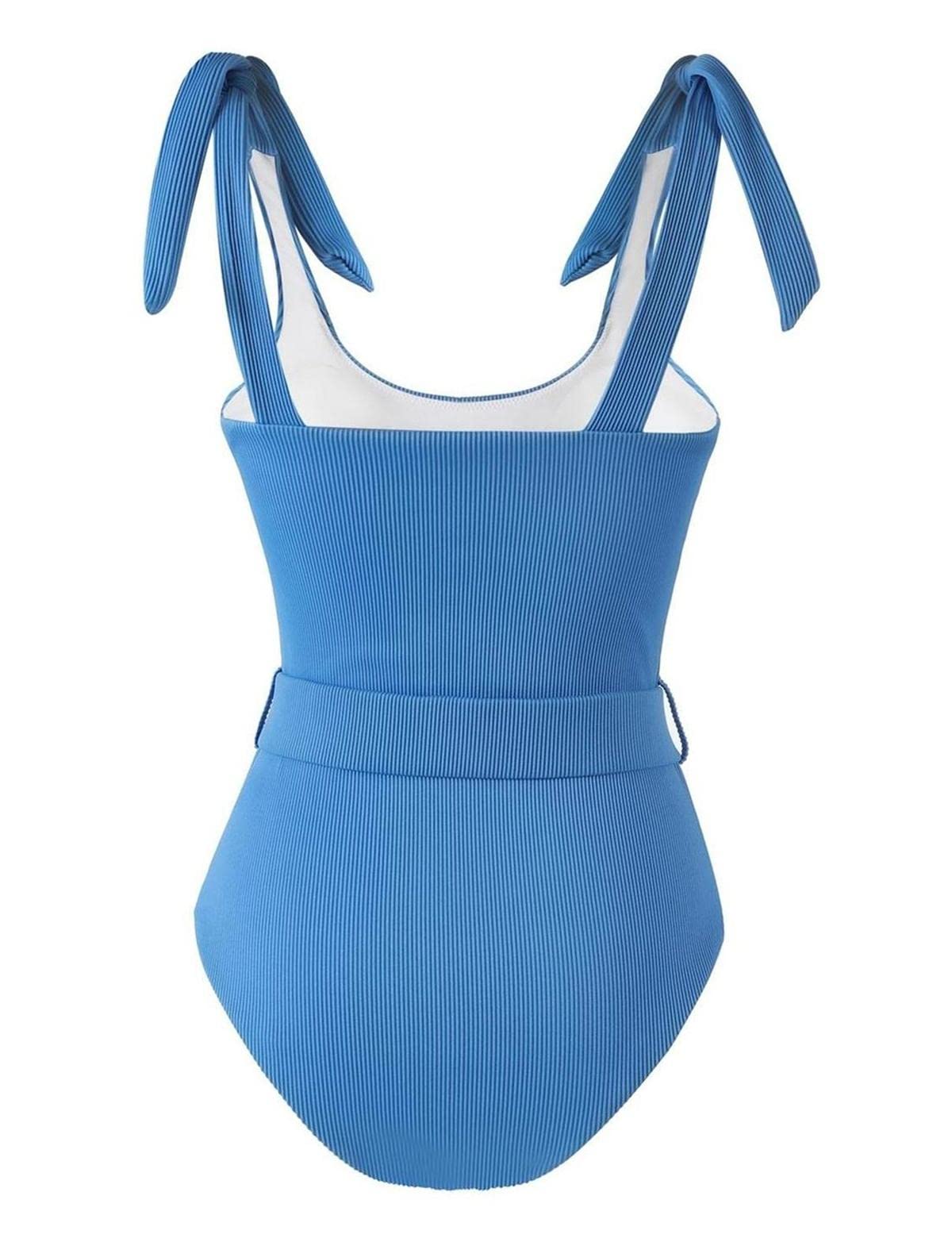 TSMEZA Women's One Piece Swimsuits Belt Tummy Control Bathing Suits Tie Shoulder Swimwear