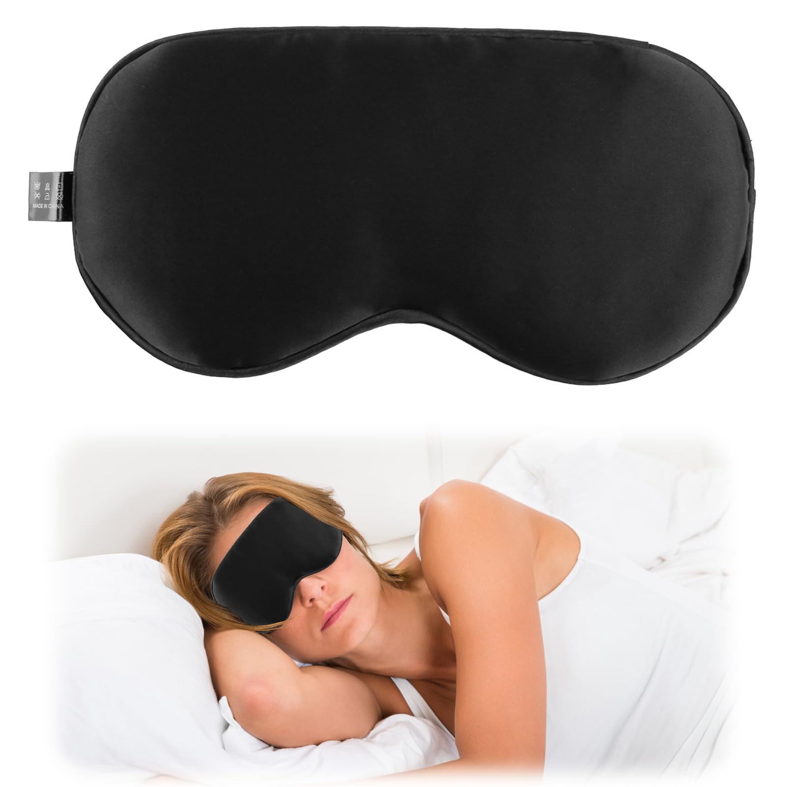 Seda Antifaz para Dormir, Antifaz para Dormir Seda de Morera 100% Natural, Anti-Luz Seda Máscara con Correa Ajustable, Cubierta para Sombra de Ojos Suave Agradable para Hombre y Mujer (Negro)