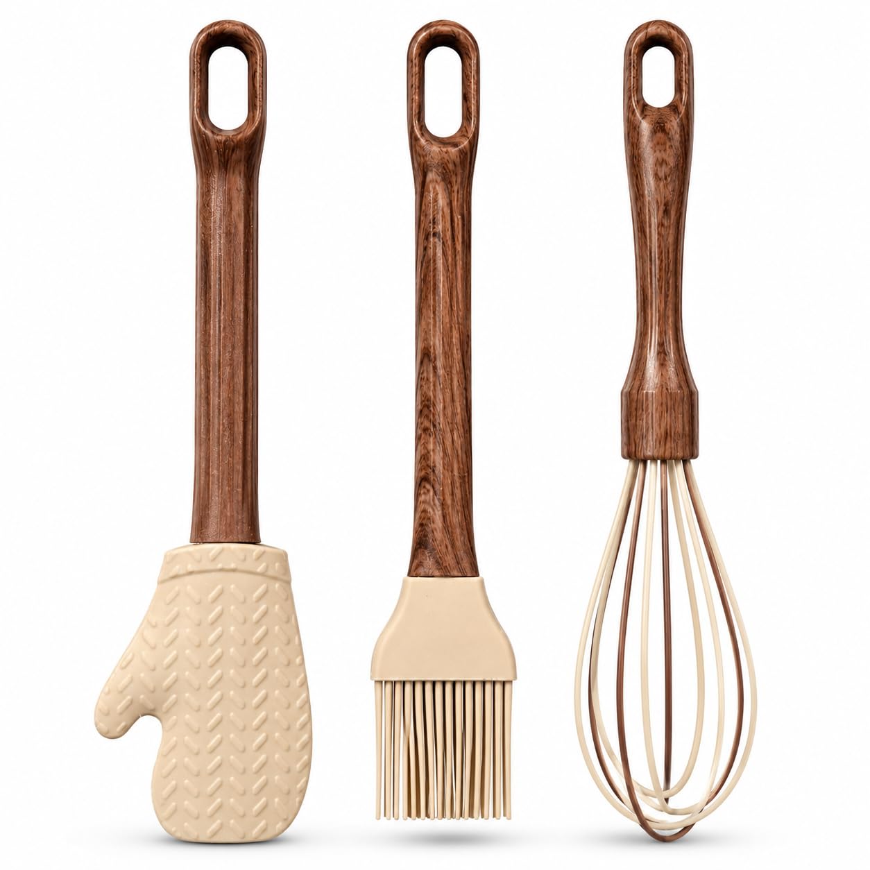3-piece silicone kitchen tool set with wood-look handles – silicone mini oven mitt, pastry brush & whisk – heat resistant, bpa-free, non-stick safe, easy clean cooking & baking accessories