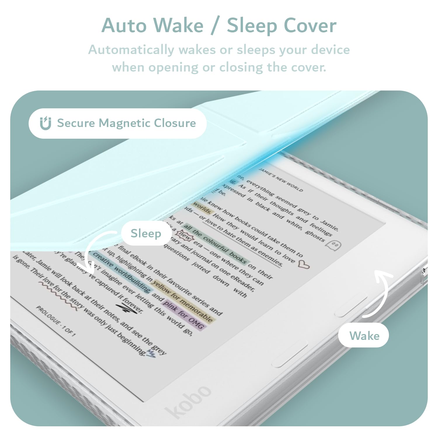 TUDIA M-Flip Coque Magnétique Transparente Amovible Compatible avec Kobo Libra Colour (2024) [Veille/Réveil Automatique] Étui Arrière Transparent Pliable avec Porte-Stylet (Bleu Layette)