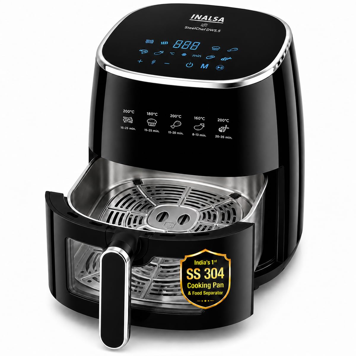 INALSA Air Fryer For Home|5.5L Large Basket|India's First Air Fryer with SS304 Stainless Steel Cooking Pan & Food Separator|1600W & 8 Preset|Air Crisp Technology|Clear Viewing Window, SteelChef DW5.5-image-4