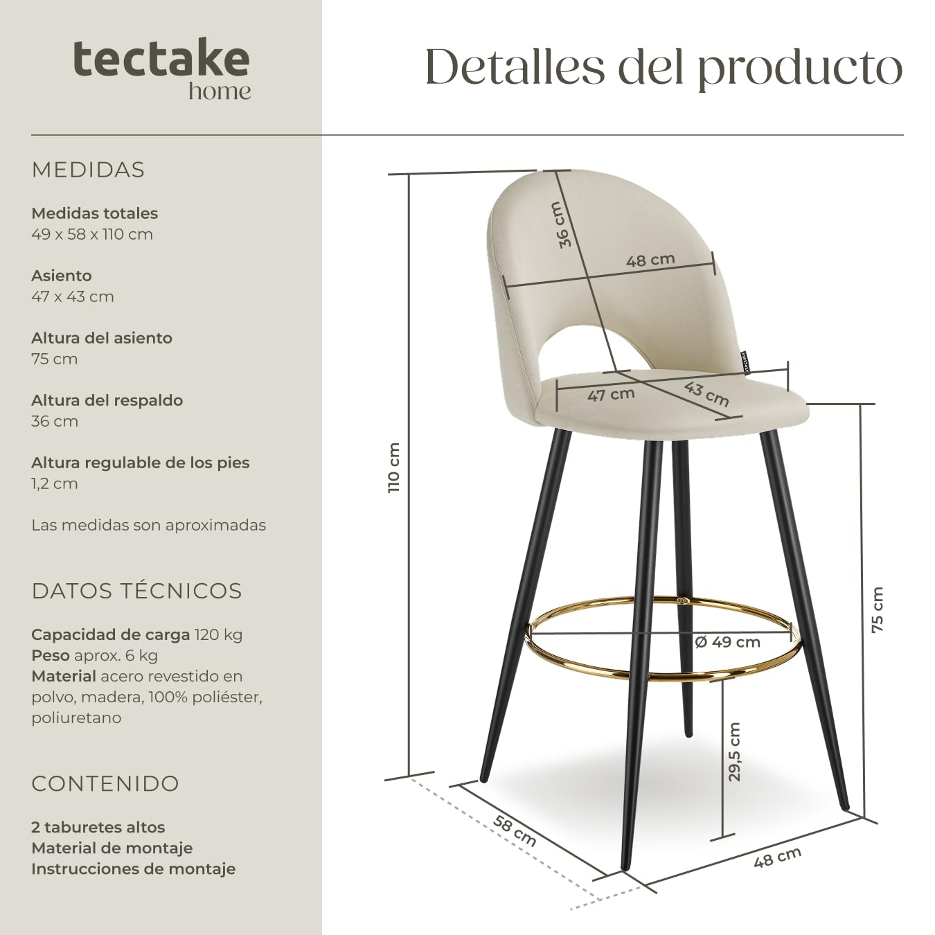 tectake® Taburete Alto Cocina con Respaldo, Acolchado, Terciopelo Suave, Taburete Bar con Patas de Acero, Reposapiés y Pies Antideslizantes, Silla Cocina o Bar, Banqueta - 2 sillas, Crema/Negro