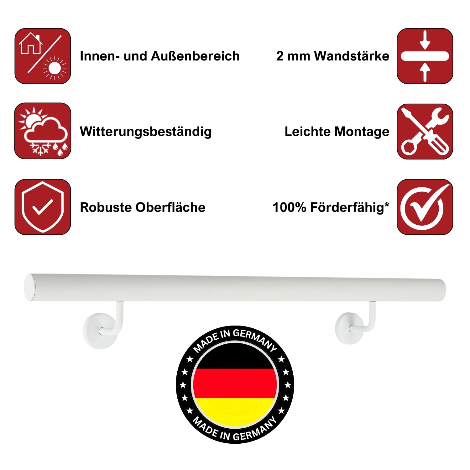 TIBU Handlauf Aluminium Weiß Geländer 30-600cm Wandhandlauf Treppe gewinkelte Edelstahlhalter, Länge 240 cm mit 3 Halter und gerade Kappe