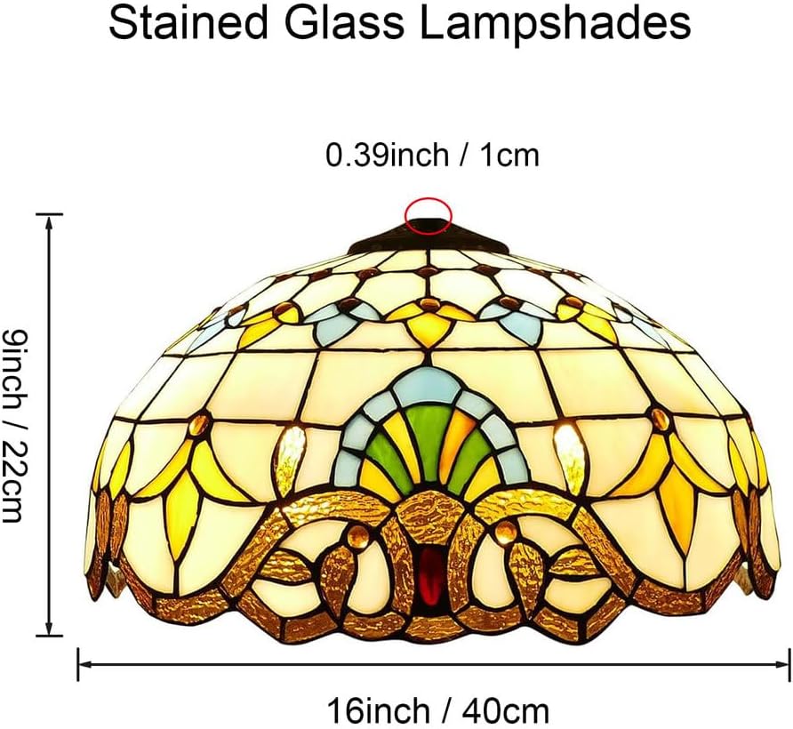 Large Tiffany Lamp Shade Replacement Only Baroque Style Stained Glass Lampshades, W16H9 Inch Glass Light Cover for Table Lamps Pendant Lamps Floor Lights,Beige
