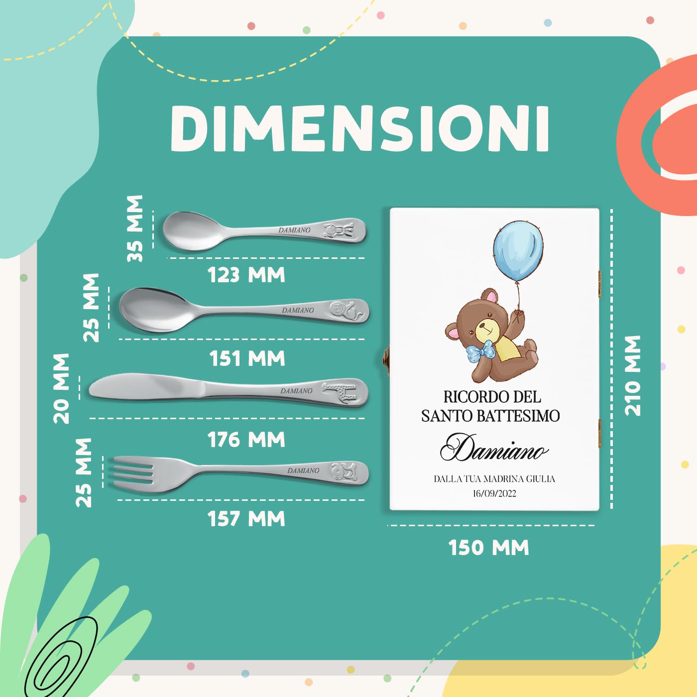 Maverton Set di 4 posate per bambini con incisione + scatola in legno con stampa personalizzata - motivo animali - idee regalo per il battesimo bimbo - pensiero