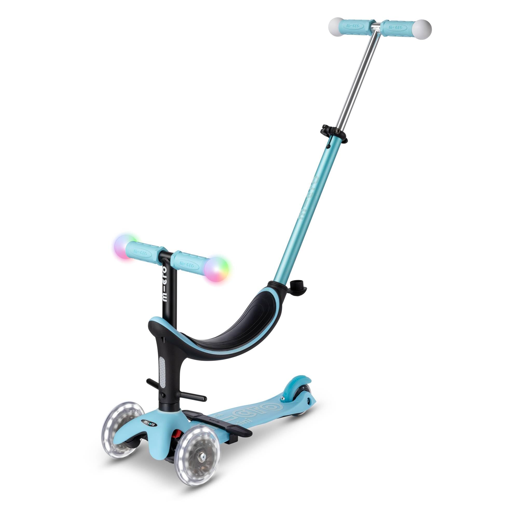 Micro® | Mini2Grow Deluxe Magic LED Patinete Evolutivo 4en1 con Asiento para niños | Ruedas y puños con iluminación | Montaje y desmontaje sin Herramientas | Ligero | 1-6 Años | Niños y Niñas