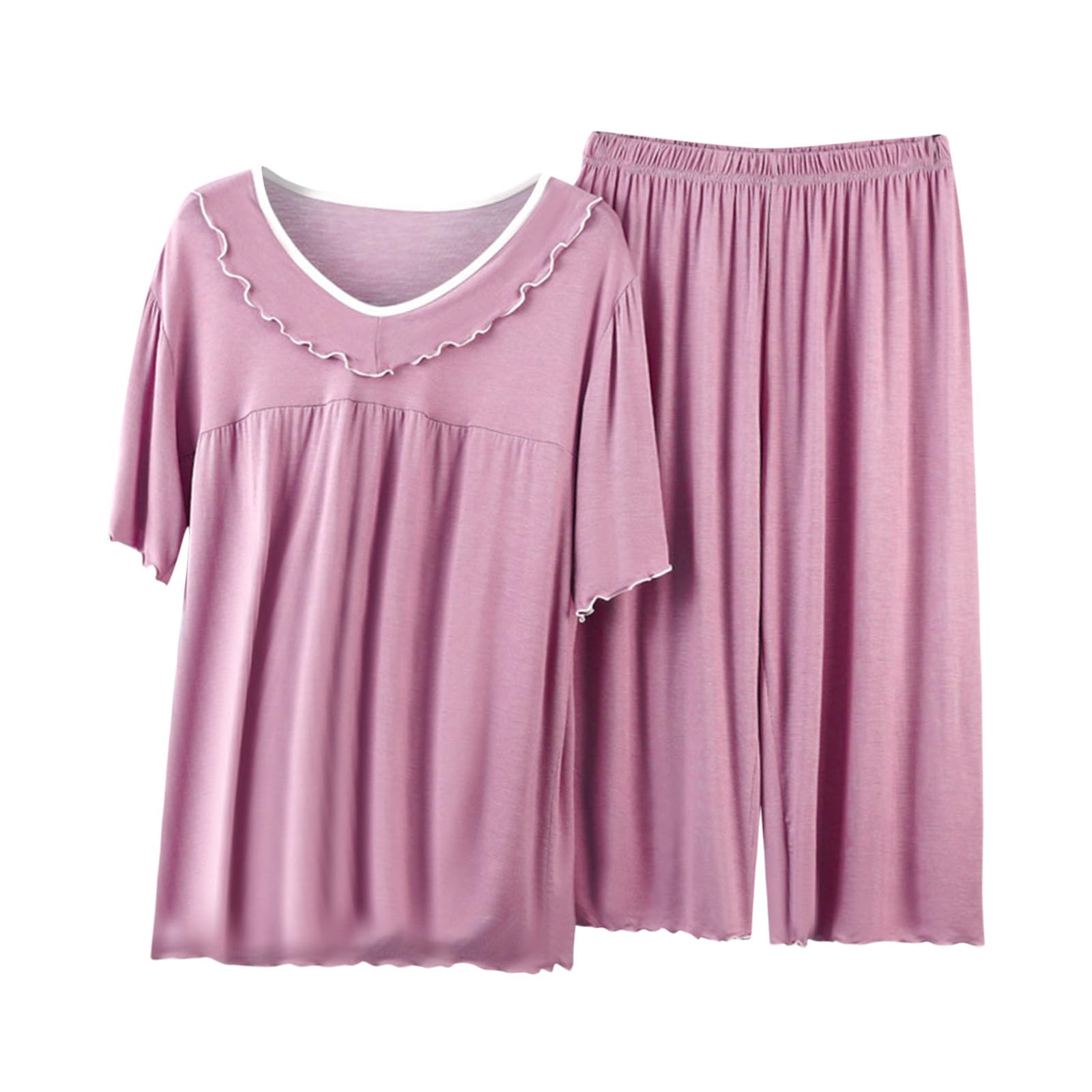 Women Pajama Sets Two-Piece Sleepwear Loungewear Short Sleeve V Neck Pullover Pj Lounge Sets Nightwear with Long Pants